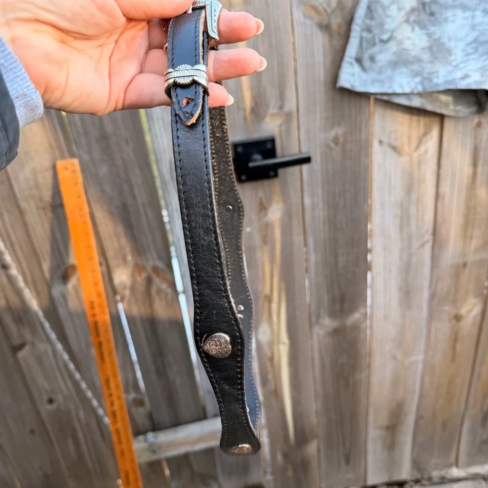Vintage Black Leather Belt with Silver Buckle Size 32